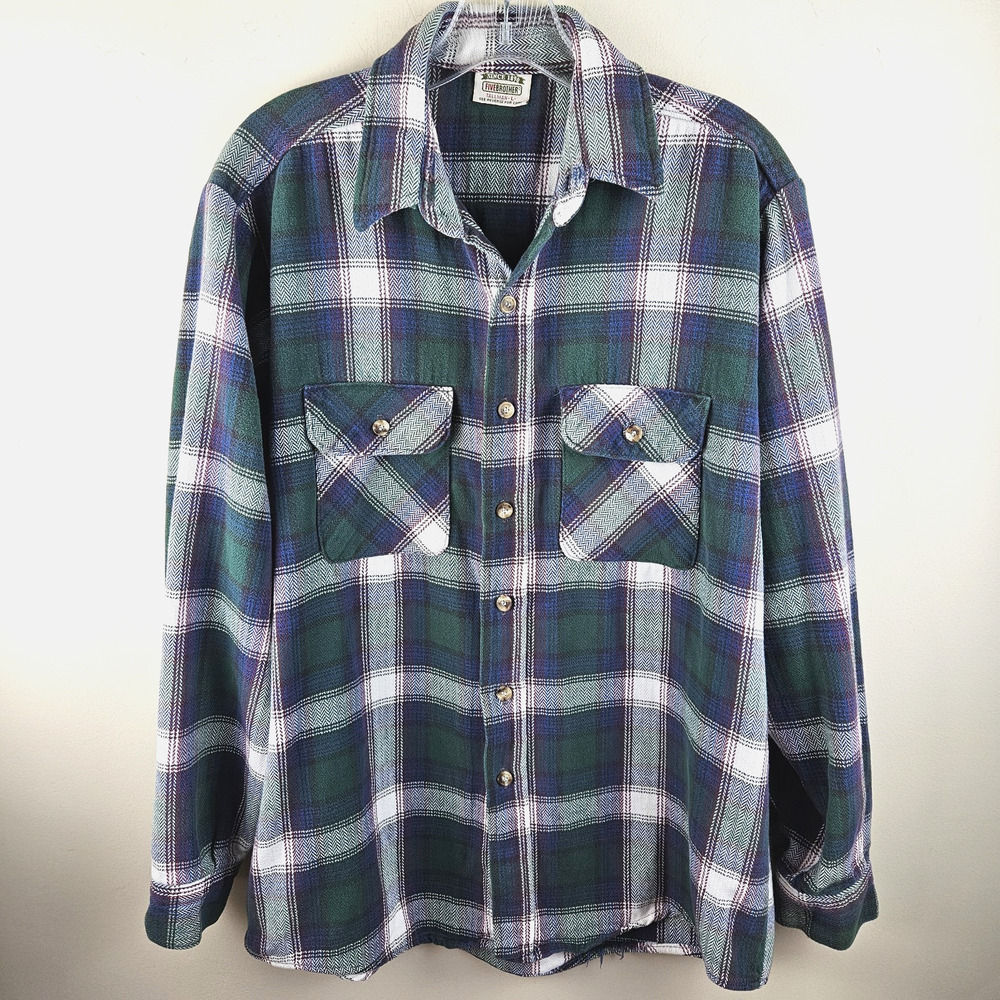 VINTAGE Five Brother 100% Cotton Flannel Shirt Size L Plaid Heavy 90s Tallman
